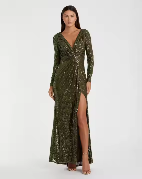 All-Over Sequin Beaded Fringe Midi Body Con Dress Adults Neck Kick Slit Cap Sleeves Front Logo Pearl Decoration Natural Nonwoven