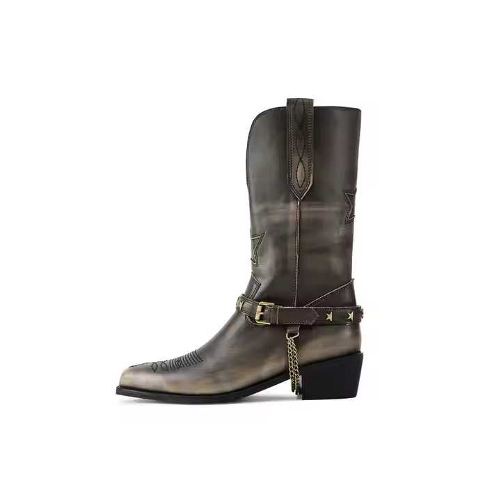 Customized Genuine Leather Women's Mid Calf Western Boots Distressed Cowboy Retro Style with Pointed Toe Winter Season