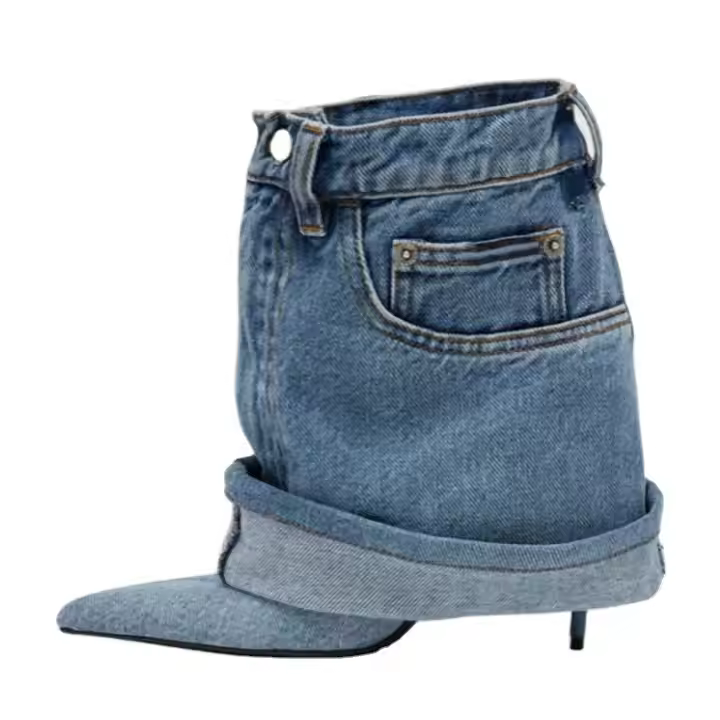 2024 New Women's High Heels Custom Pointy Toe Slouch Cut Jean Thin Heel Pumps Made of Microfiber Leather