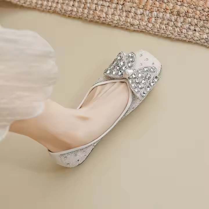 Women's Winter Flats Single Shoes with Dia Wedding Design Soft PU Insole Pointed and Square Toe